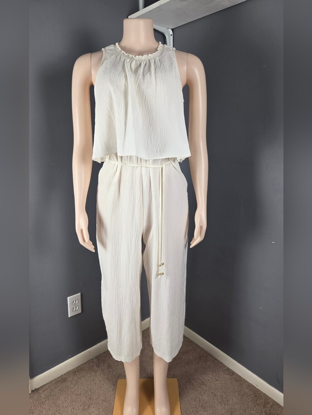 Cream Sleeveless Jumpsuit with Tie Waist